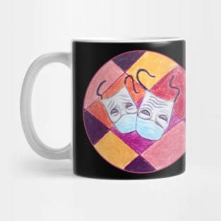 Theater masks wearing corona / covid 19 face masks - sock and buskin - ancient symbols of comedy and tragedy In Greek theatre Mug